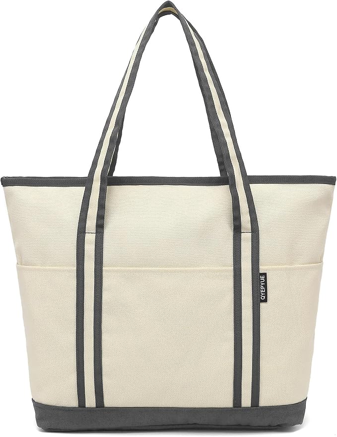 Large Canvas Tote Bag for Women, Beach Bag with Zipper, Utility Tote Bag with 3 Front Pockets, Weekender Pool Bag by CanvasToteBag