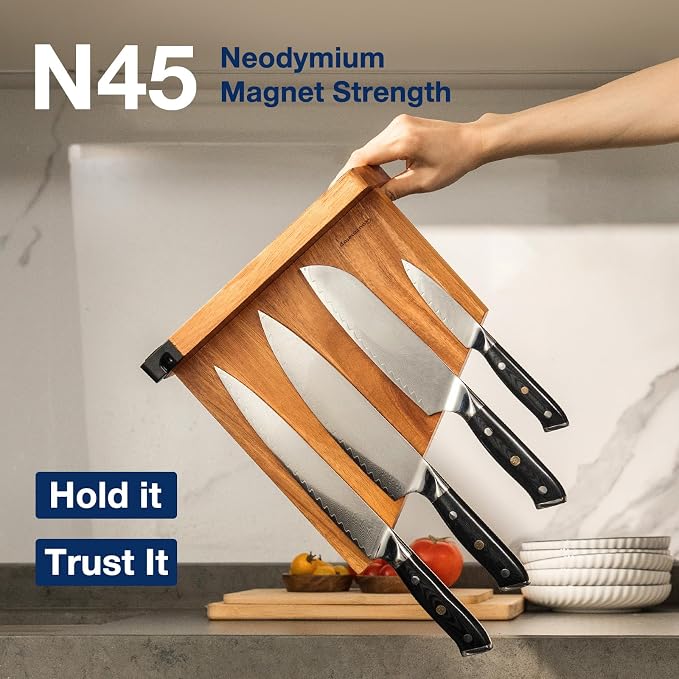 Magnetic Knife Block with Sharpener, Double Sided, Light Acacia | Multi-Row Magnet, Hold 12 Knives as Damascus & Heavy Cleaver, No Slip, Countertop Kitchen Organizer, No Installation, Gift - Image 2