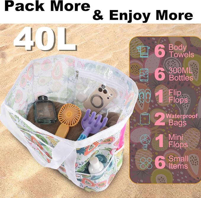 CaCTOUR Mesh Beach Bag,Large Beach Bags for Women with 8 Pockets,Packable Tote Bag for Beach Cruise Pool Vacation Essentials - Image 4