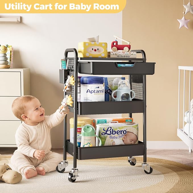 KINGBOARD 3 Tier Metal Rolling Cart with Drawer, Black Utility Storage Cart | 2 Cups & 4 Hooks, Lockable Wheels, Trolley Organizer for Bathroom, Kitchen, Office, Nursery, Dorm, Laundry, Craft Room - Image 8