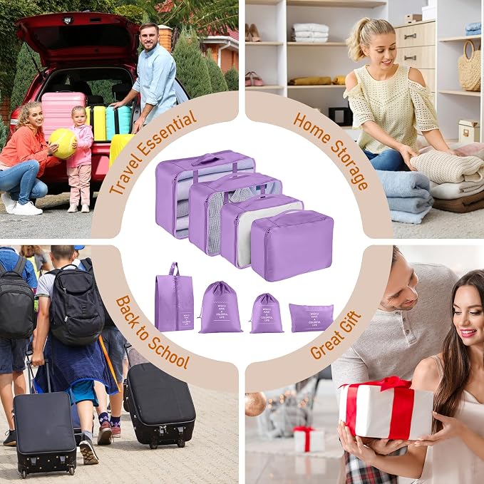 Packing Cubes for Travel- 8 Set Luggage Organizer Bags for Family, Mesh Breathable Travel Packing Cubes for Suitcases Durable Travel Essentials Bags Set (Purple, 8 Set) - Image 7