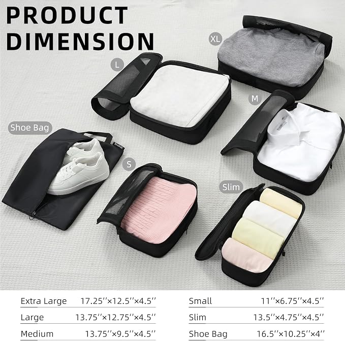 BAGAIL 4 Set/6 Set/8 Set Compression Packing Cubes Travel Accessories Expandable Packing Organizers (Square Mesh, 05-Jet Black) - Image 2