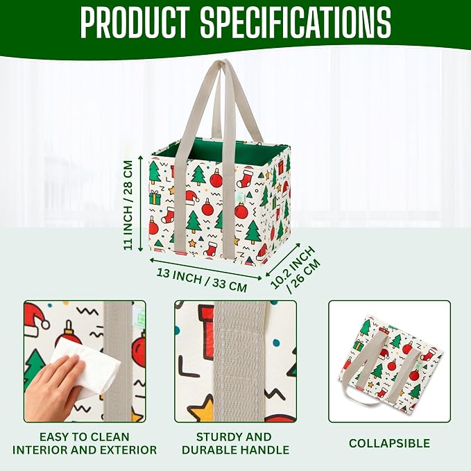 VENO 3 Pack Heavy Duty Reusable Grocery Shopping Bags Utility Tote | Water Resistant, Storage Box with Sturdy Handles & Hard Bottom, Foldable for Groceries Shopping Cart(Jingle Mix, 6 Gallon) - Image 3