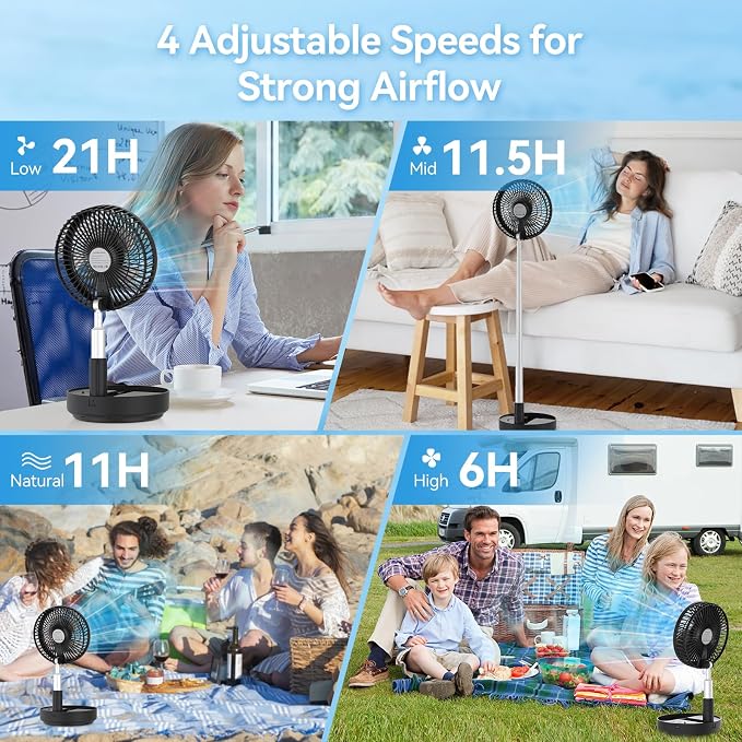 Portable Rechargeable Fan,7200mAh Battery Oscillating Fan with Remote | 6-21H,Foldable, 4 Speed Settings, Desk Travel Fan for Sleeping Camping Cruise, RV - Black 8" - Image 5