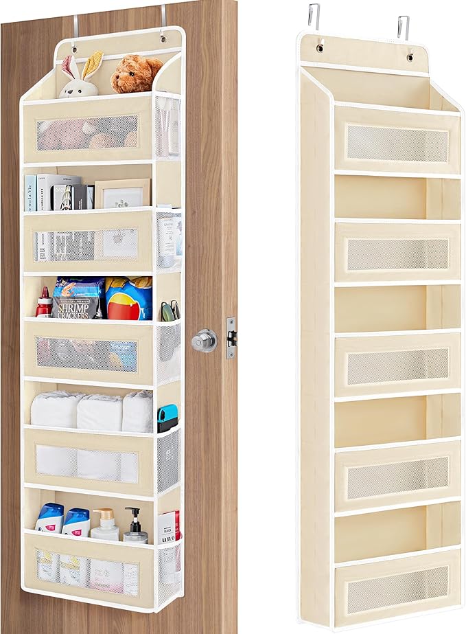 JARLINK Over the Door Organizer for Bedroom, Pantry Bathroom, 5 Shelf Beige | Anti-Tilt Design, 44 lb Load Capacity, Hanging Door Organizer with 5 Large Capacity Pockets, Behind Door Storage for Nursery by JARLINK