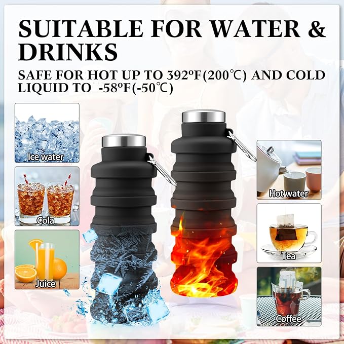 Lallisa 4 Pcs Collapsible Water Bottles 17 oz Reusable Silicone Foldable Travel Water Bottle Portable Leak Proof Sports Water Bottles for Gym Camping Hiking (Black) - Image 4