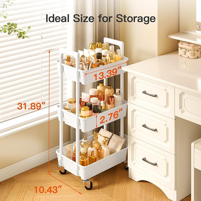 Pipishell 3 Tier Rolling Cart Organizer, Plastic Rolling Cart with Lockable Wheels & Reinforced Handle, Lightweight Utility Cart Storage Cart for Nursery, Kitchen, Bathroom, Craft Room, White, PIUC14W - Image 4