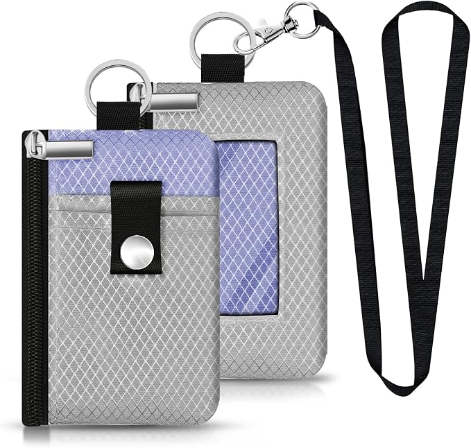 Minimalist RFID Blocking Small Wallet with ID Window,WaterResistant Zip Id Case Wallet with Lanyard Keychain for Cards,Cash,Travel,Women,Men (Light Gray/Lavender Purple) - Image 3