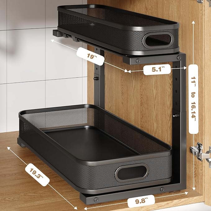 2 Pack 19.3IN-Depth Under Sink Organizer with Smooth Cylindrical Rail,2-Tier Pull Out Multi-Purpose Cabinet Storage for Bathroom&Kitchen,Height Adjustable,Rust-Resistant Coating-Black - Image 2