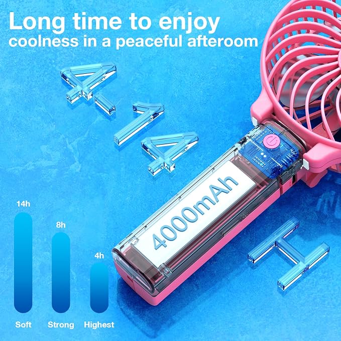 VersionTECH. Portable Handheld Fan, Powerful+Durable+4000mAh+180° Foldable, Mini Table Fans with USB Rechargeable Battery Operated Cooling Accessories for Personal Use, Travel, Office Pink - Image 4