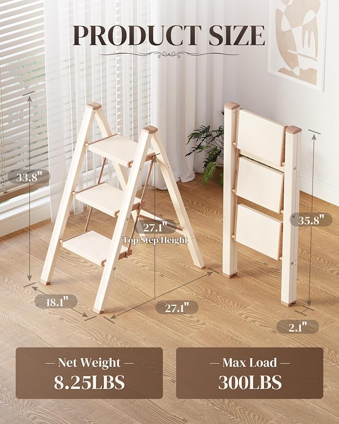 3 Step Ladder, Foldable Aluminum Step Stool with Anti-Slip Pedal | Lightweight yet Sturdy, Portable, Non Slip Feet, 300Lbs Capacity, Elegant Look, for Kitchen, Closet, Pantry, Cream Chocolate - Image 6