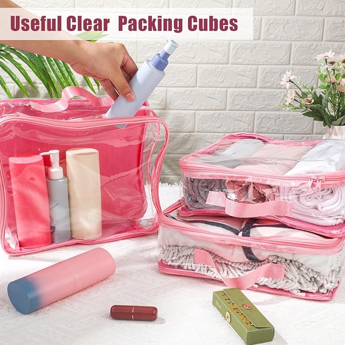 6 Pieces Large Clear Travel Packing Cube Clear Vinyl Zippered Storage Bags See Through Moving Bag PVC Multipurpose Pouch with Handle for Suitcase Shirts Dress Storage (Pink,11.8 x 10.2 x 3.9 Inch) - Image 4