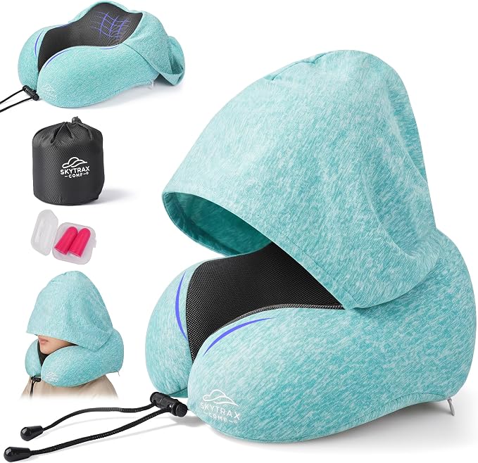 SkytraxComf® Travel Neck Pillow with Hood for Privacy on Long Flights | Memory Foam | Airplane Sleep | Safety-Tested Materials | Extra Large Hood | Chin Support | Earplugs | Washable Cover by SKYTRAXCOMF