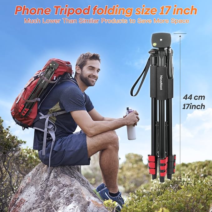 65" Phone Tripod Stand for iPhone Camera Wireless Remote & Holder | 574g Ultra-Lightweight 65" Height. Max Load 4.4lb. 360° Pan Head for Vlogging. Includes Bluetooth Remote & Tripod Carry Bag - Image 2