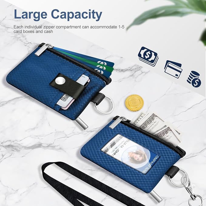 Minimalist RFID Blocking Small Wallet with ID Window,WaterResistant Zip Id Case Wallet with Lanyard Keychain for Cards,Cash,Travel,Women,Men (Electric Blue) - Image 7