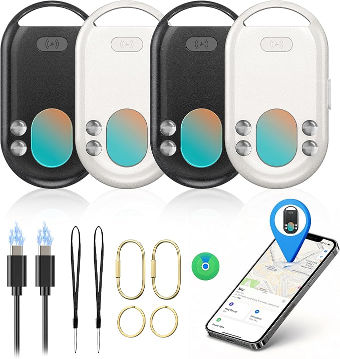 TECKNET [MFi Certified] Air Tracker Tags, Rechargeable Bluetooth Tracker | 3-in-1 Find My Tracker 4 Pack (iOS Only), 100dB Alarm & IR Lens Finder, IP67 Waterproof, Item Locator for Key Luggage Wallet by Tecknet