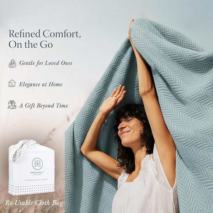 Threadmill Luxury Cotton Blankets for Queen Size Bed | All-Season 100% Cotton Queen Size Blanket | Herringbone Cozy, Soft Breathable Fall Thermal Blanket fits Full Size Bed | Mist Blue - Image 7