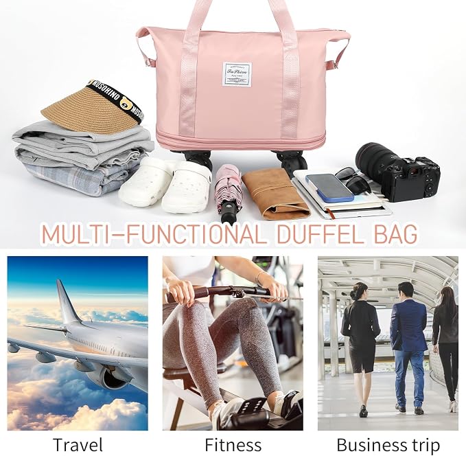 VOOWO Rolling Duffle Bag with Wheels, Expandable Foldable Duffle Bag for Travel, Rolling Under Seat Luggage Carry on Duffel Bags, Wheeled Travel Duffel Large Overnight Weekend Bags (Pink) - Image 6