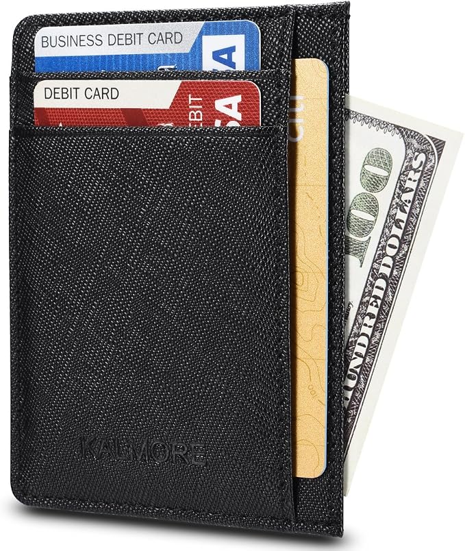 KALMORE womens Credit Holder Genuine Leather Slim Minimalist Card Case Wallet, Black With Id Window by KALMORE