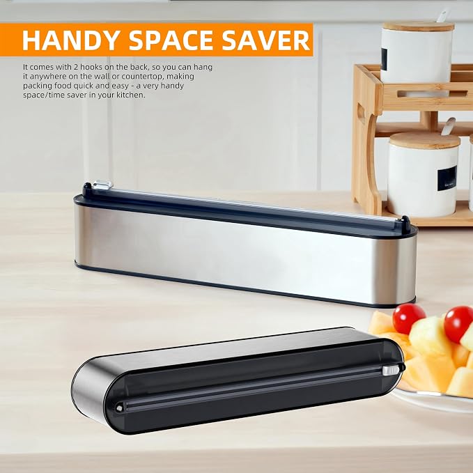 Aluminum Foil & Plastic Wrap Dispenser with Cutter - Magnetic & No-Drill Wall Mount, Stainless Steel Design, Space-Saving Kitchen organizer for Countertops & Cabinets - Fits 12" Rolls, Silver - Image 6