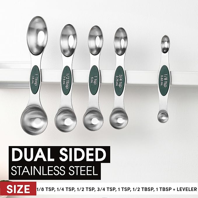 Spring Chef Stainless Steel Magnetic Measuring Spoons Set of 8, Pine Green | Nesting Metal Teaspoon & Tablespoon Measuring Spoons with Leveler for Dry & Liquid Ingredients, Dual Sided, Dishwasher Safe - Image 3