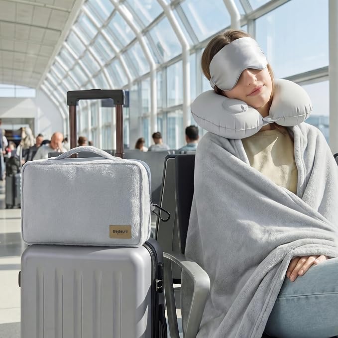 Bedsure Travel Blanket Set with Inflatable Neck Pillow and Eye Mask - Lightweight 3-in-1 Airplane Packable Blanket, Compact Travel Essentials, Grey - Image 8