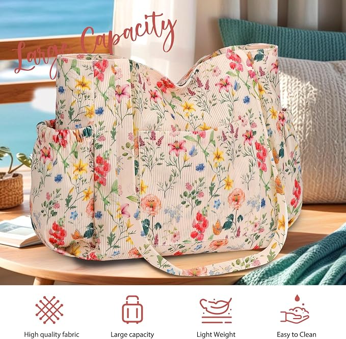 Corduroy Tote Bag for Women,Large Capacity Cute Tote Bags With 6 Pockets,Crossbody Shoulder Handbag for Work Travel Gym - Image 4