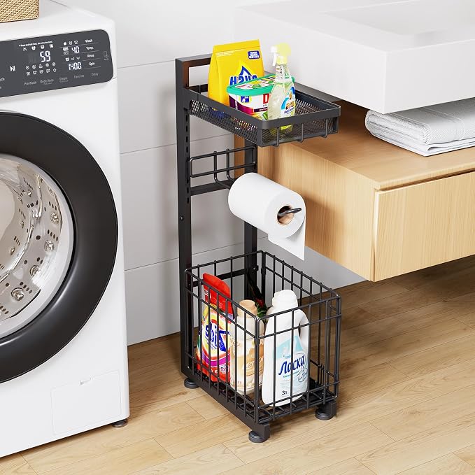 Freestanding Toilet Paper Holder Stand with Storage Shelf, Black | Sturdy Multi-tier Metal Stand with Large Foldable Basket. Versatile for Bathroom, Kitchen, Living Room. Adjustable Organizer - Image 7