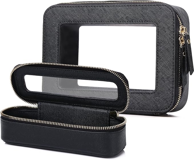 Pinkmik Travel Clear Makeup Bag (Black, M+SLIM) | Brush Case, TSA Approved Toiletry Bag, Waterproof Cosmetic Organizer with Zipper, Car Essential for Women by Pinkmik