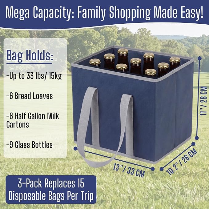 VENO 3 Pack Reusable Grocery Shopping Bags Utility Tote w/Sturdy Handles | Heavy Duty Storage Box with Hard Bottom, Foldable Picnic Basket for Groceries Shopping Cart Trunk Organizer(Blue, 6 Gallon) - Image 2