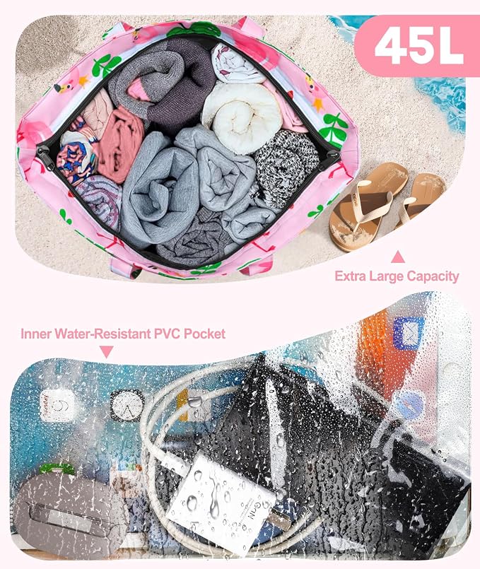 ISEYOU Extra Large Beach Bag Waterproof Beach Totes Bags for Women, Lightweight Foldable Pool Bag with Zipper Wet Compartment - Image 5