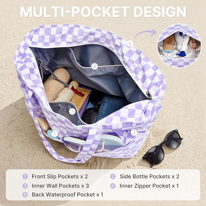 G4Free Large Beach Bag Waterproof Sandproof, Zipper Pool Tote for Women | XL Large Capacity, with Wet Compartment, Foldable Packable with A Pouch, for Swim Travel Grocery - Image 4
