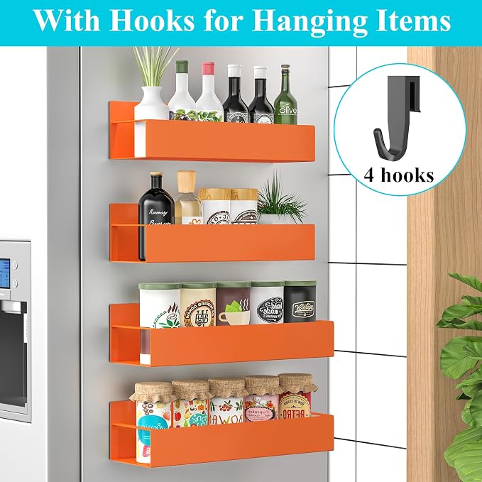 HuggieGems Metal Magnetic Spice Rack for Refrigerator Orange, 4 Pack | Magnetic Shelves Heavy Duty for Fridge in Kitchen, Seasoning Storage Organizer, For Oven Washer and Dryer, For Heavier Items - Image 2