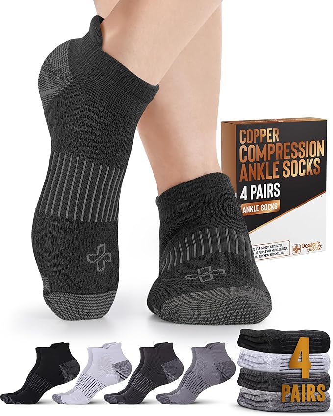Doctor's Select Copper Ankle Compression Socks for Women and Men - 4 Pairs | Athletic Running Plantar Fasciitis Socks by DoctorsSelect