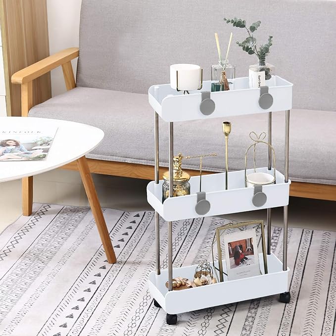 3-Tier Slim Mobile Shelving Unit on Wheels, Slide Out Rolling Bathroom Storage Organizer, Utility Carts Shelf Rack for Kitchen Bathroom Laundry Room Narrow Places, White - Image 4