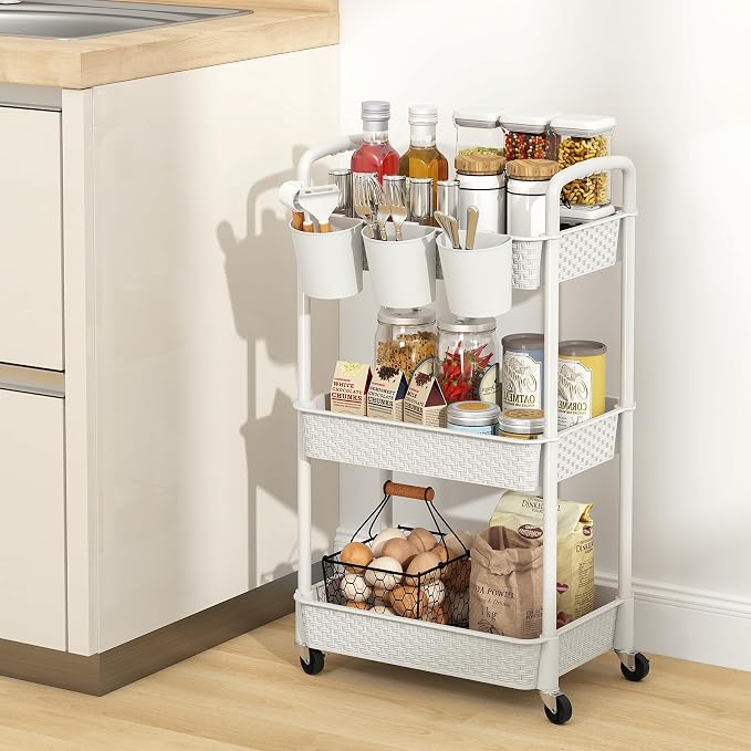 MOYIPIN 3-Tier Plastic Rolling Utility Cart with Handle,White | Utility Storage Cart for Office, Living Room, Kitchen,Movable Storage Organizer，Easy installation，Rattan-like art design - Image 7