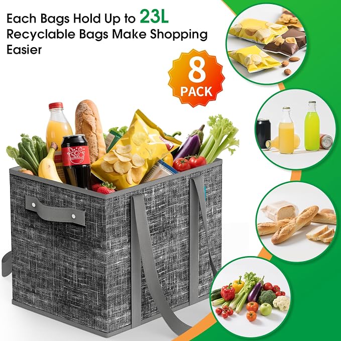 Fab totes Reusable Grocery Bags, Large Foldable Shopping Tote Bags with Reinforced Handles & Hard Bottom,8 Pack, Black - Image 4