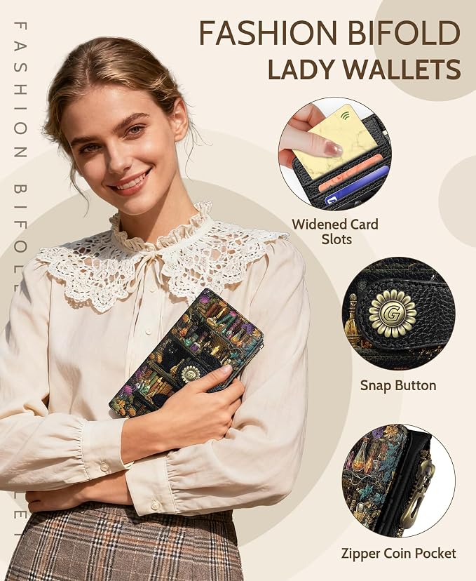 GIANCOMICS Black Cat Book Womens Wallet RFID, Credit Card Holder Bifold | Billfold, Cute Cash Purse, Travel Zipper Coin Pocket, Compact Clutch, PU Leather, ID Window, 11 Card Slots, Ladies Gift Woman - Image 6