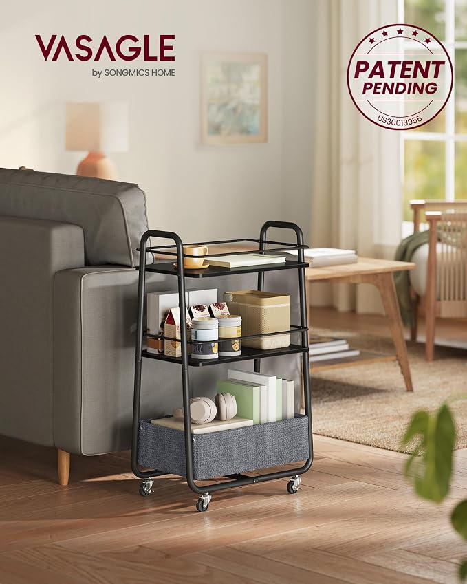VASAGLE Storage Cart with Fabric Basket, 3-Tier Rolling Utility Cart | Cart with Wheels and Shelves, for Living Room, Bedroom, Kitchen, Ebony Black, LILEA Collection ULRC001BE02 - Image 2