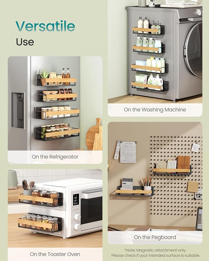 SONGMICS 4-Pack Strong Magnetic Real Bamboo Spice Racks for Fridge | Kitchen Organizer Shelf, 11.8 x 4.1 x 3 / 10.6 x 3.6 x 3 in, Ink Black and Light Bamboo, BYSTRO Collection, UKCS062BH01 - Image 5