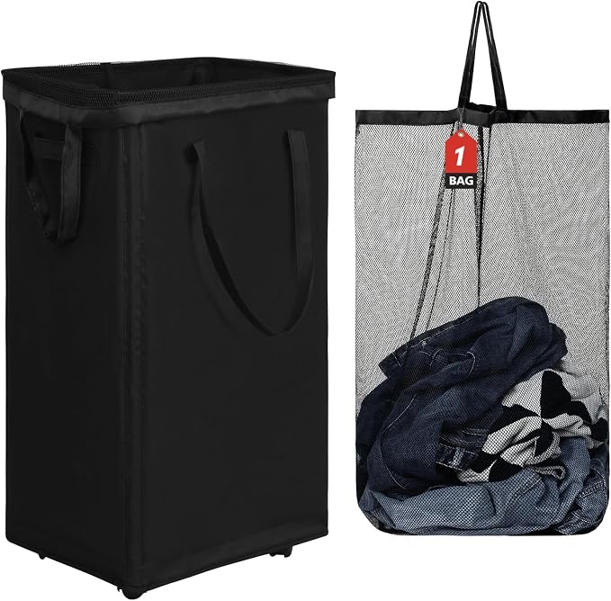 DOKEHOM 90L X-Large Rolling Laundry Basket Hamper on Wheels, Black | Collapsible clothes hamper with removable mesh wash bag. High-capacity foldable washing bin organizer by DOKEHOM