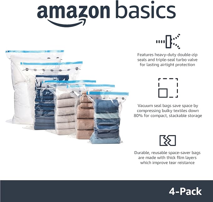 Amazon Basics Vacuum Storage Bags for Blankets, Vacuum Compression Space Saving Storage Bags with Hand Pump for Clothes Packing, X-Jumbo, 4-Pack - Image 2
