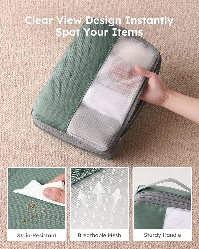 4 Set Compression Packing Cubes for Travel, Bonus Versatile Drawstring Backpack, Lightweight Luggage Organizer Bags, Sturdy Travel Accessories for Suitcase, Dark Green - Image 3
