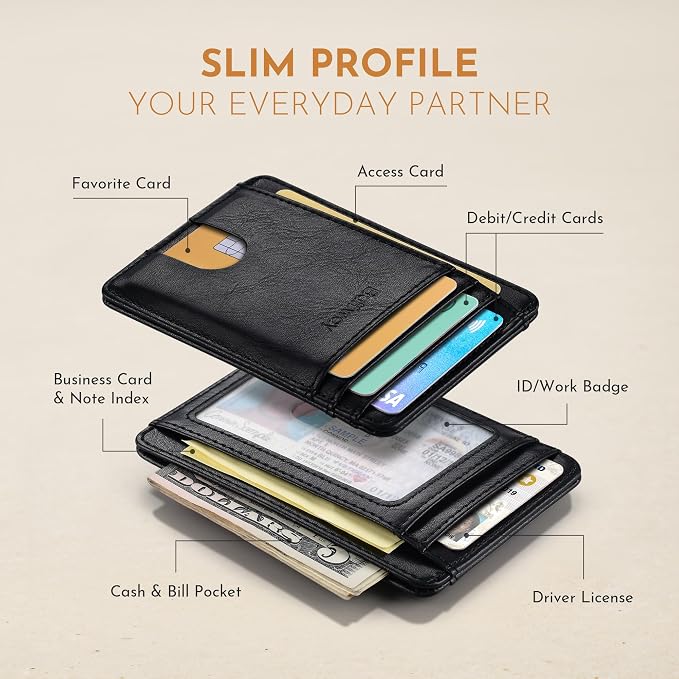 Buffway Slim Minimalist Front Pocket RFID Blocking Leather Wallets for Men and Women - Slate Black | Slim - Image 3