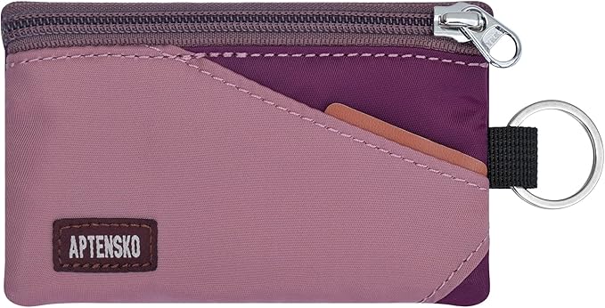 RFID Blocking Travel Wallet with Adjustable Lanyard, Small Nylon Zipper Pouch and Badge Holder for ID, Credit Cards, Cash, Keys, Commuters (Mauve+Plum Wine) by APTENSKO
