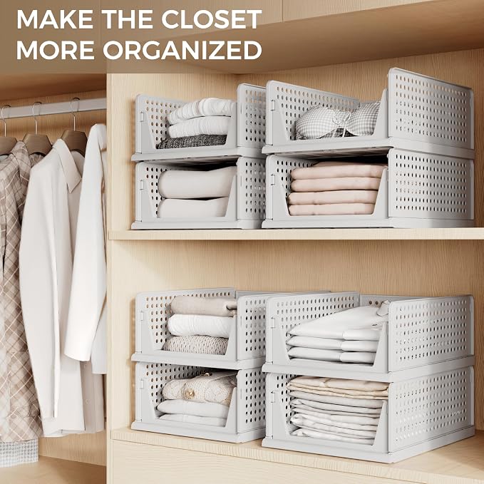6 Pack Closet Organizer Storage Bins Stackable Plastic Drawer Shelf | Basket for Clothing Stackable Storage Bins Shelf Storage Container for Closet Wardrobe Bedroom Bathroom Office Grey Foldable - Image 5