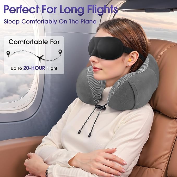 CloudBliss Neck Pillow for Airplanes, Memory Foam Travel Pillow, Dark Grey - Image 4
