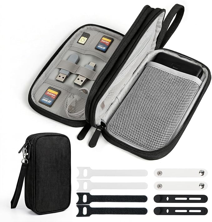 Double Layer Cable Organizer Bag Water-Resistant Tech Pouch Black | Padded Oxford fabric construction with 8 compartments and elastic loops to securely store chargers, power banks and cords. by Woyinger