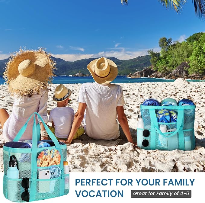 Tavaleu Mesh Beach Bag, Large Capacity Beach Tote, Multi Pockets, Sandproof | Mesh Material, Multiple Storage Pockets, Lightweight & Foldable Design, For Beach & Pool Use, Easy to Clean & Quick Dry - Image 6