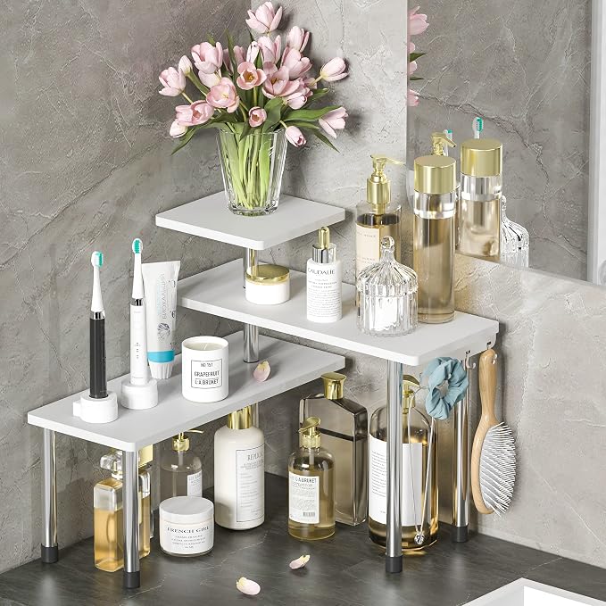 ZHWS Bathroom Counter Organizer Corner Shelf – Bathroom Organization Bamboo 3 Tier Spice Rack Makeup Organizer Bookshelf Space Saving Rack Kitchen Office Living Room (White) by ZHWS